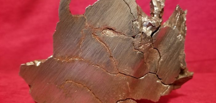 piece of meteorite on red background