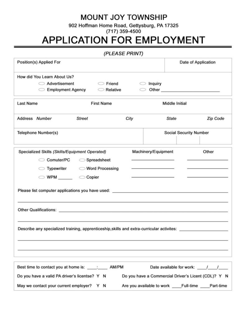 Application for Employment – Mount Joy Township